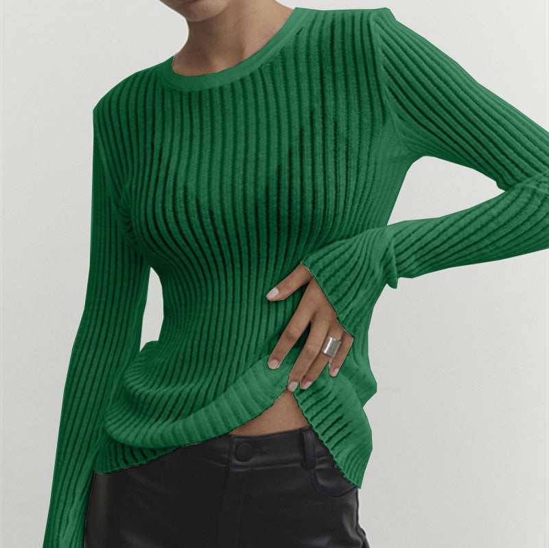 Women's transparent mesh long sleeve ribbed top