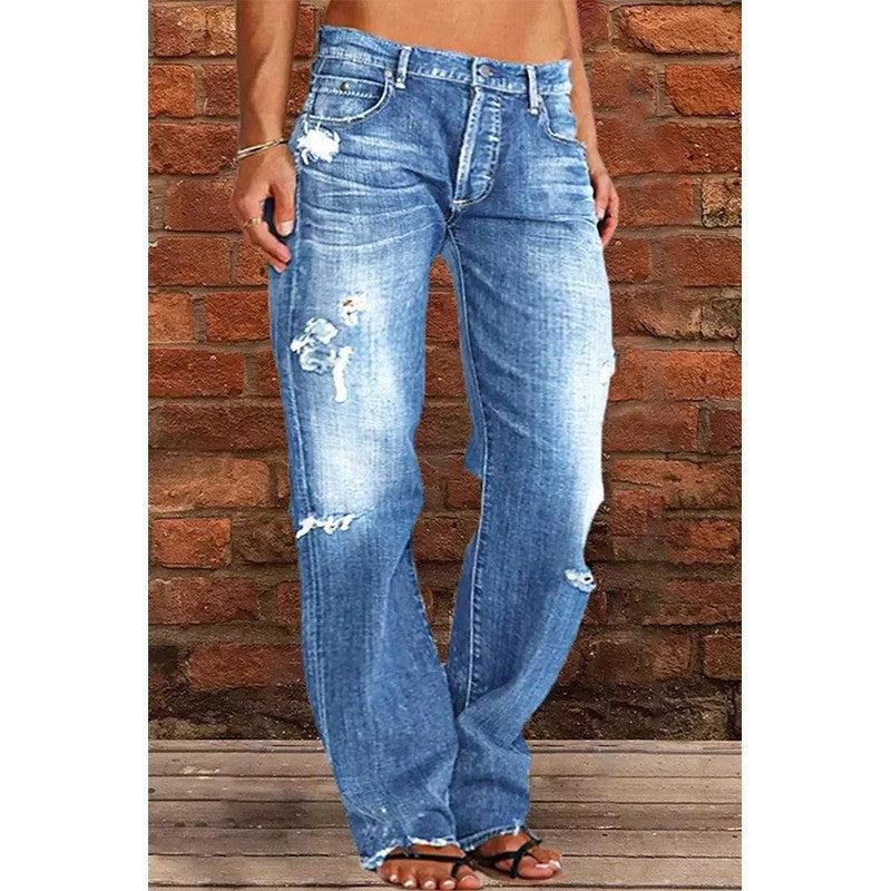 Women’s Jeans – High Waist – Relaxed Fit – Flared Leg – Distressed Raw Hem Denim