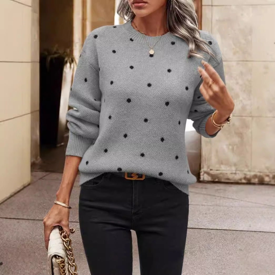 Women’s Pullover Sweater – Soft Knit Wool Blend – Relaxed Fit – Polka Dot – Round Neck