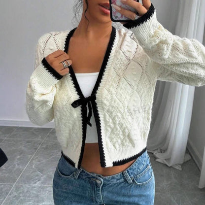 Women’s Cropped Cardigan – Knitted Fabric – Bow Tie Front – Contrast Trim – Casual Fit