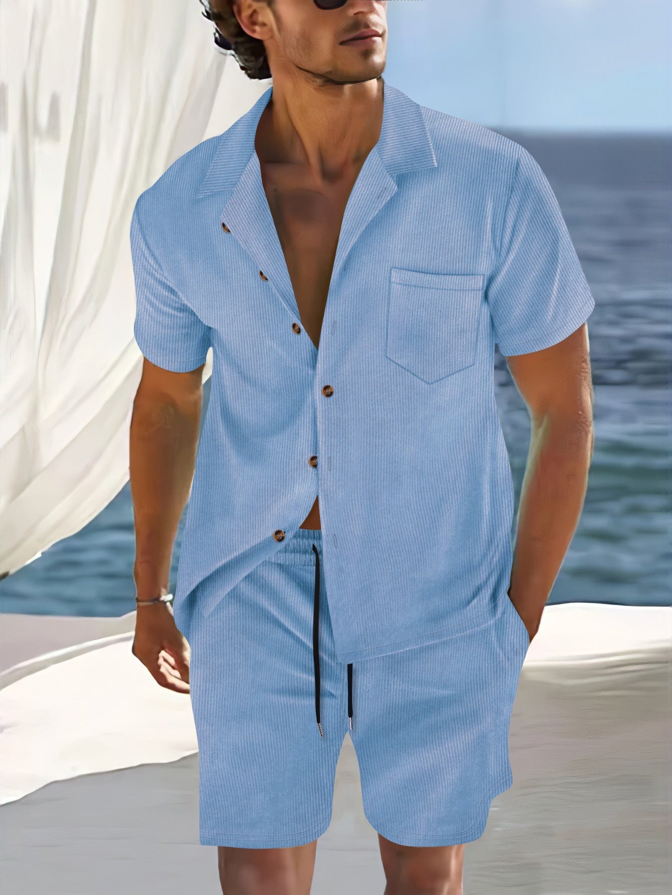Men's Shirt and Shorts Set – Relaxed Fit – Lapel Collar – Cotton Blend – Button Front