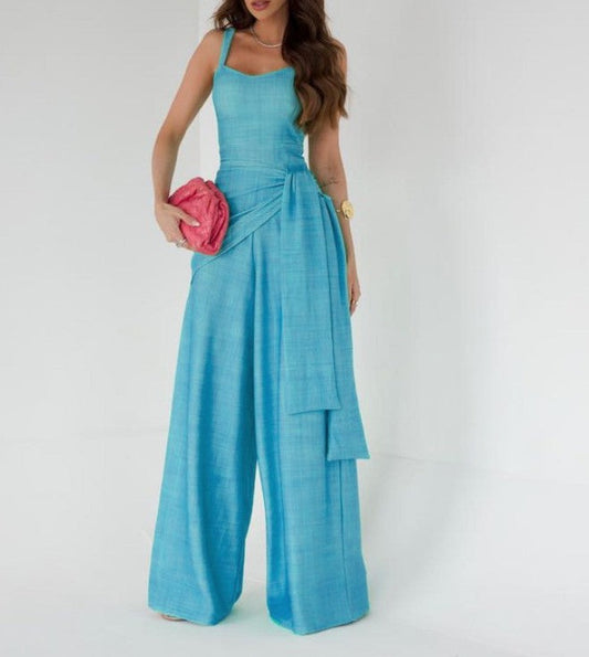 Women’s Jumpsuit – Wide Leg – Sleeveless – Adjustable Waist – Linen Blend – Full Length