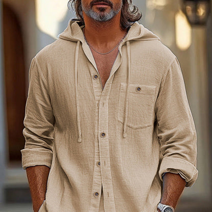 Men’s Hooded Shirt – Linen Blend – Relaxed Fit – Button Front – Long Sleeve Casual