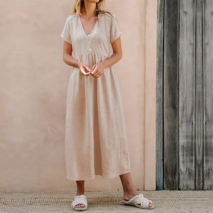 Women’s Casual Dress – V-Neck – Button Front – Loose Fit – Cotton-Linen Blend – Midi Length