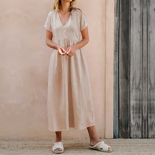 Women’s Casual Dress – V-Neck – Button Front – Loose Fit – Cotton-Linen Blend – Midi Length