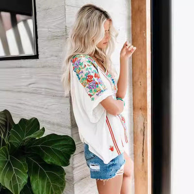 Women’s V-Neck T-Shirt – Relaxed Fit – Cotton Blend – Embroidered Floral Design