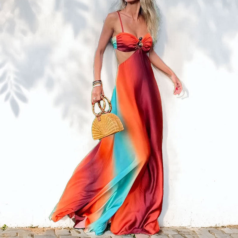 Women’s Maxi Dress – Flowy Fit – Spaghetti Straps – Ring Detail – Gradient Pattern