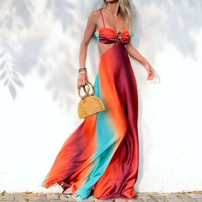 Women’s Maxi Dress – Flowy Fit – Spaghetti Straps – Ring Detail – Gradient Pattern