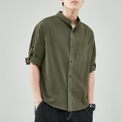 Men’s Shirt – Linen Cotton Blend – Relaxed Fit – Band Collar – 7/8 Sleeve Casual