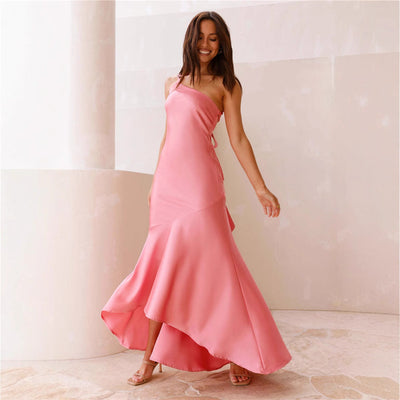 Women’s Mermaid Dress – Satin Finish – One Shoulder – Flared Hem – Formal Fit