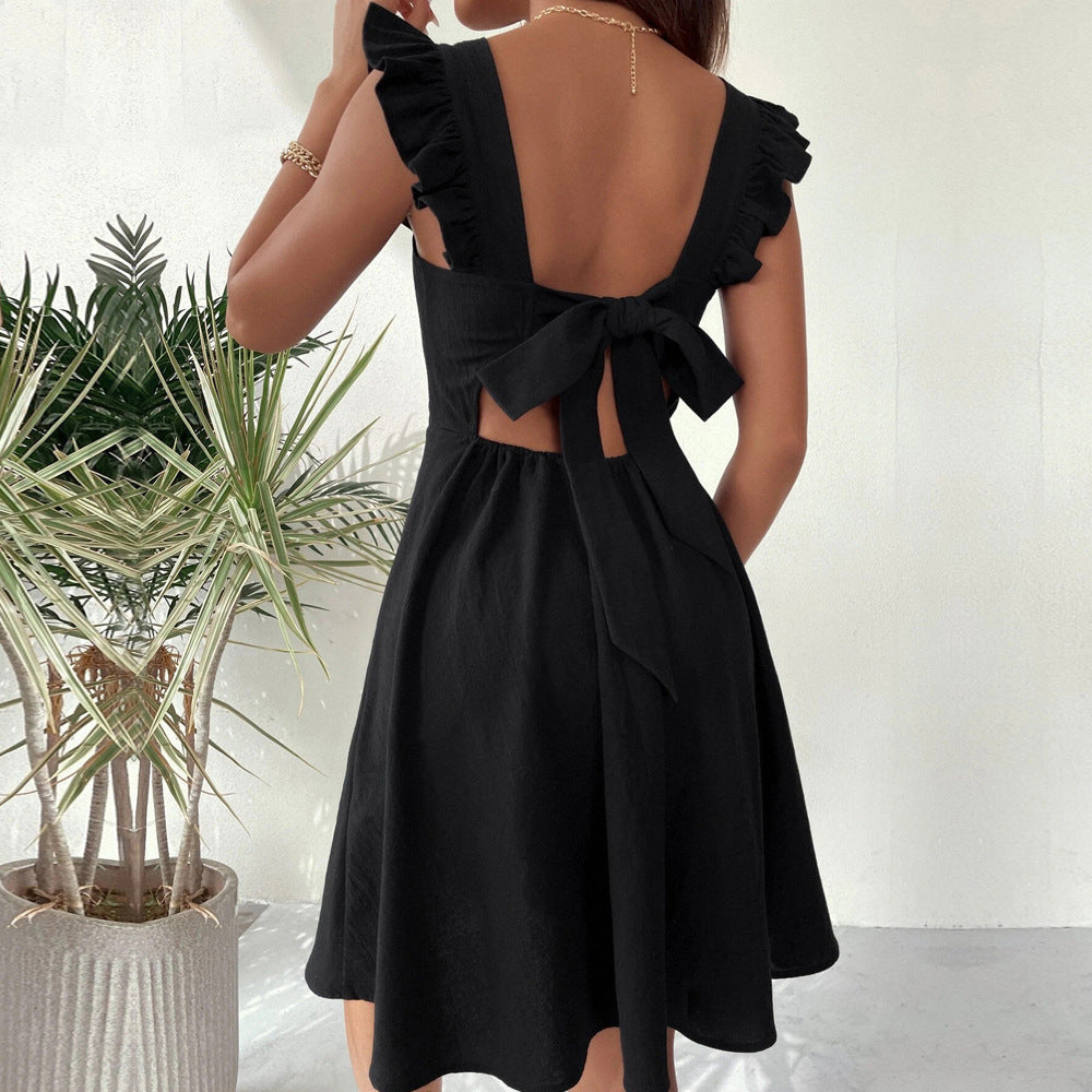 Women’s Mini Dress – Fit and Flare – Ruffled Straps – Square Neck – Lightweight Cotton