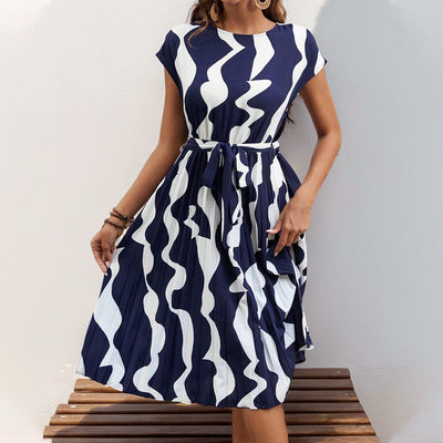 Women’s Midi Dress – Fit and Flare – Geometric Print – Pleated – Short Sleeve Belted