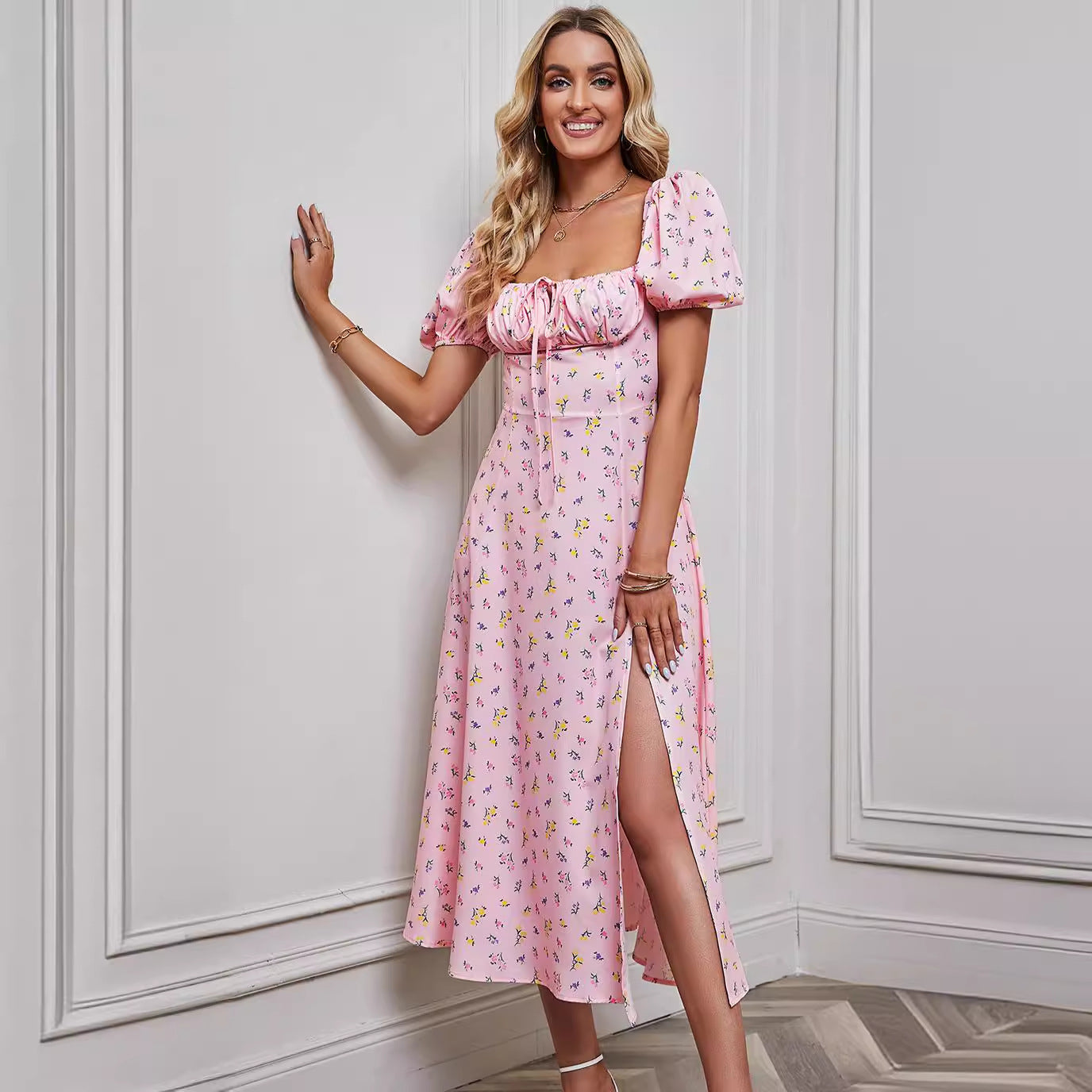 Women’s Midi Dress – Floral Print – Puff Sleeve – Tie Front – A-Line Fit – Front Slit