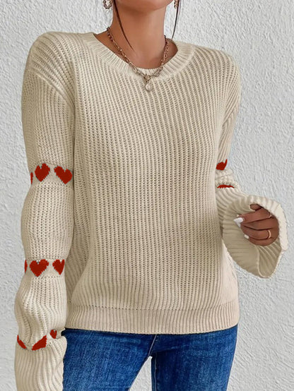 Women’s Pullover Sweater – Loose Fit Knit – Ribbed Texture – Bell Sleeves – Heart Detail
