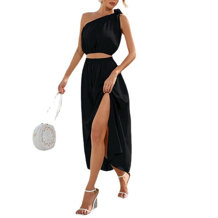 Women’s Two-Piece Set – One Shoulder Top – High Waist Side Slit Skirt – Flowy Fit