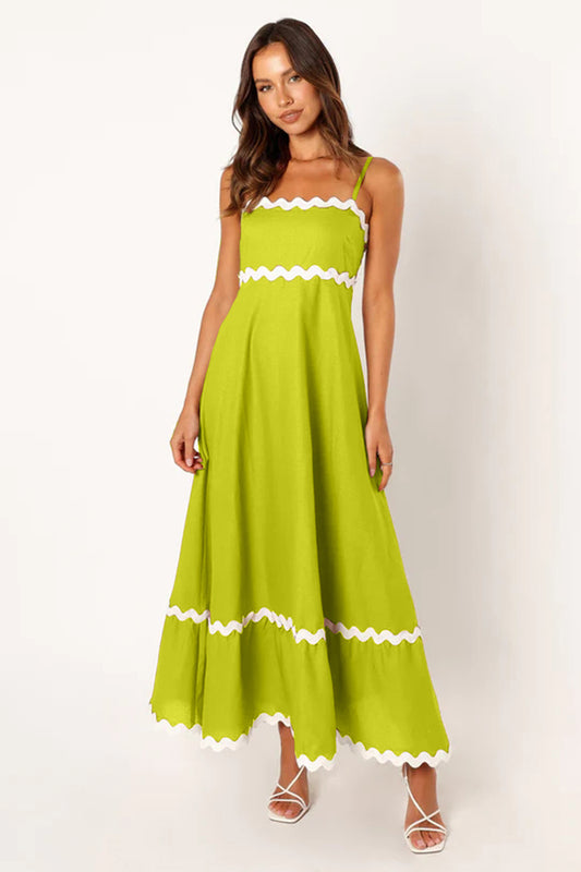Women’s Long Dress – Slim Fit – Lightweight Cotton – Scalloped Trim – Spaghetti Straps