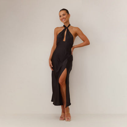 Women’s Halter Dress – Satin – Fitted Waist – Front Slit – Full Length – Cut-Out Detail