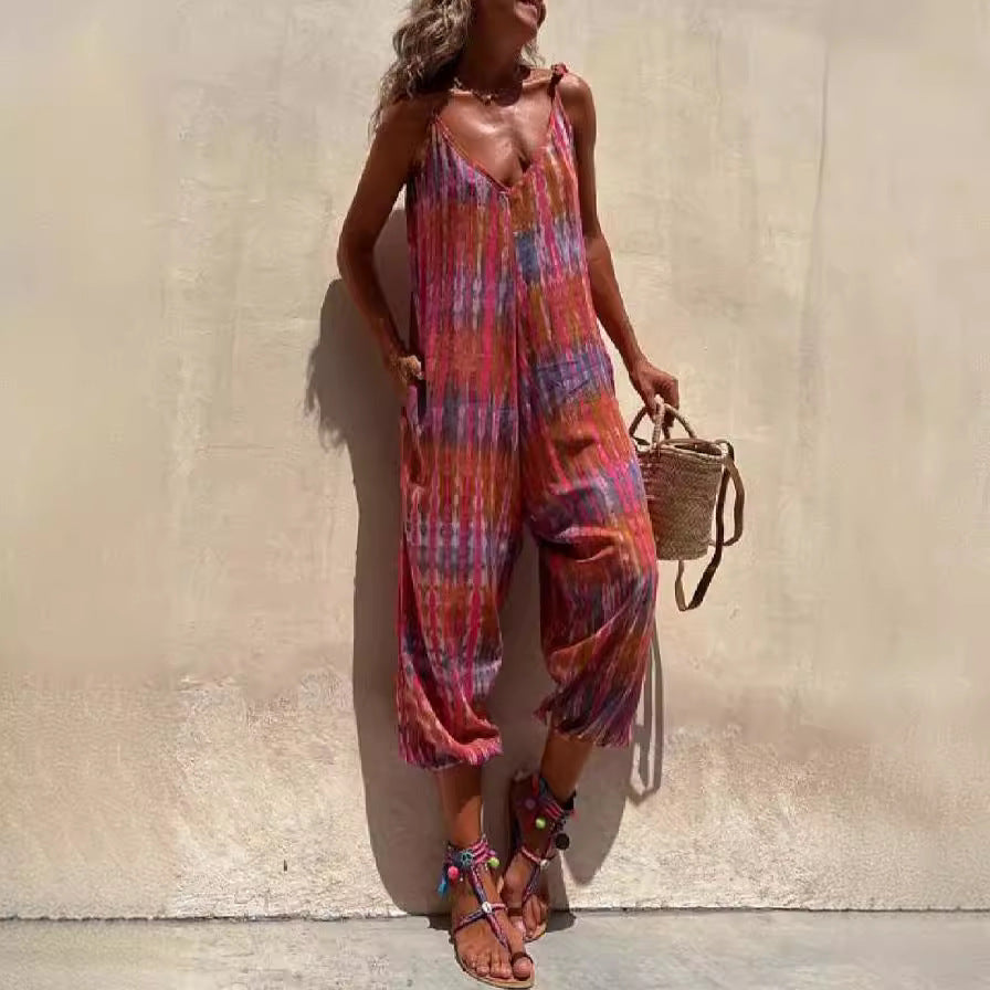 Women’s Jumpsuit – Loose Fit – Adjustable Straps – V-Neck – Tie Waist – Printed Design