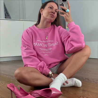 Women’s Sweatshirt – Oversized Fit – Crew Neck – Cotton Blend – Graphic Front – Ribbed Hem