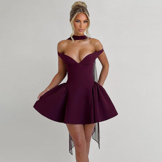 Women’s Cocktail Dress – Satin Mini – Deep V Neck – Off Shoulder – Backless A-Line