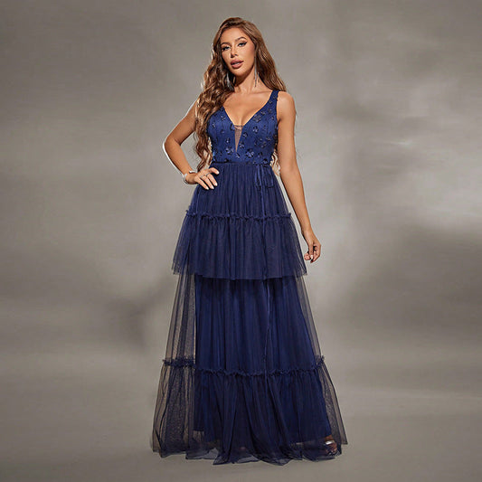 Women’s Maxi Dress – Formal Fit – Embellished Bodice – Tiered Tulle Skirt – V-Neck