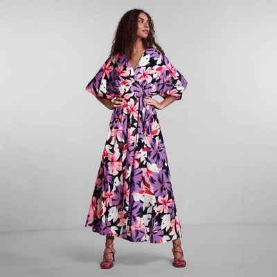 Women’s Midi Dress – High Waist – V-Neck – Short Wide Sleeves – Slit Skirt – Printed