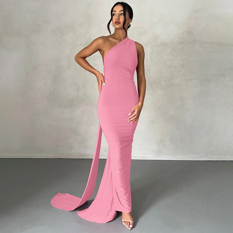 Women’s Evening Dress – Slim Fit – One Shoulder – Ruched Floor-Length Gown