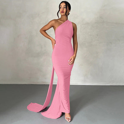 Women’s Evening Dress – Slim Fit – One Shoulder – Ruched Floor-Length Gown