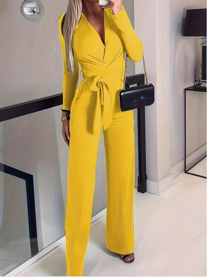 Women’s Jumpsuit – V-Neck Wrap Style – Long Sleeve – Wide Leg – Tailored Fit – Soft Fabric
