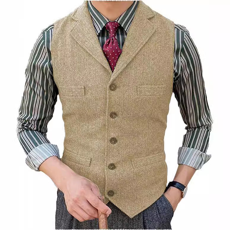 Men's lapel and herringbone pattern multi-pocket cardigan