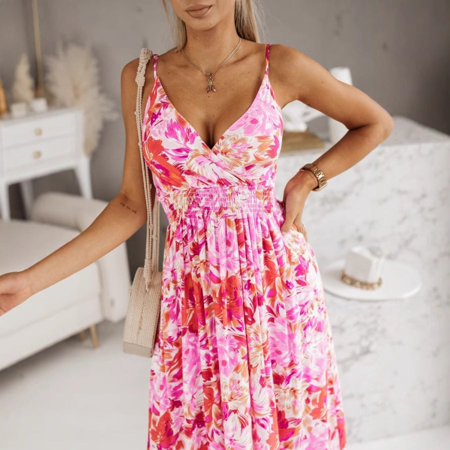 Women’s Maxi Dress – V-Neck Crossover – Floral Print – Adjustable Straps – Fitted Waist