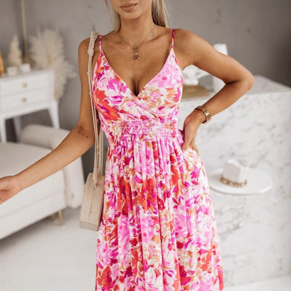 Women’s Maxi Dress – V-Neck Crossover – Floral Print – Adjustable Straps – Fitted Waist
