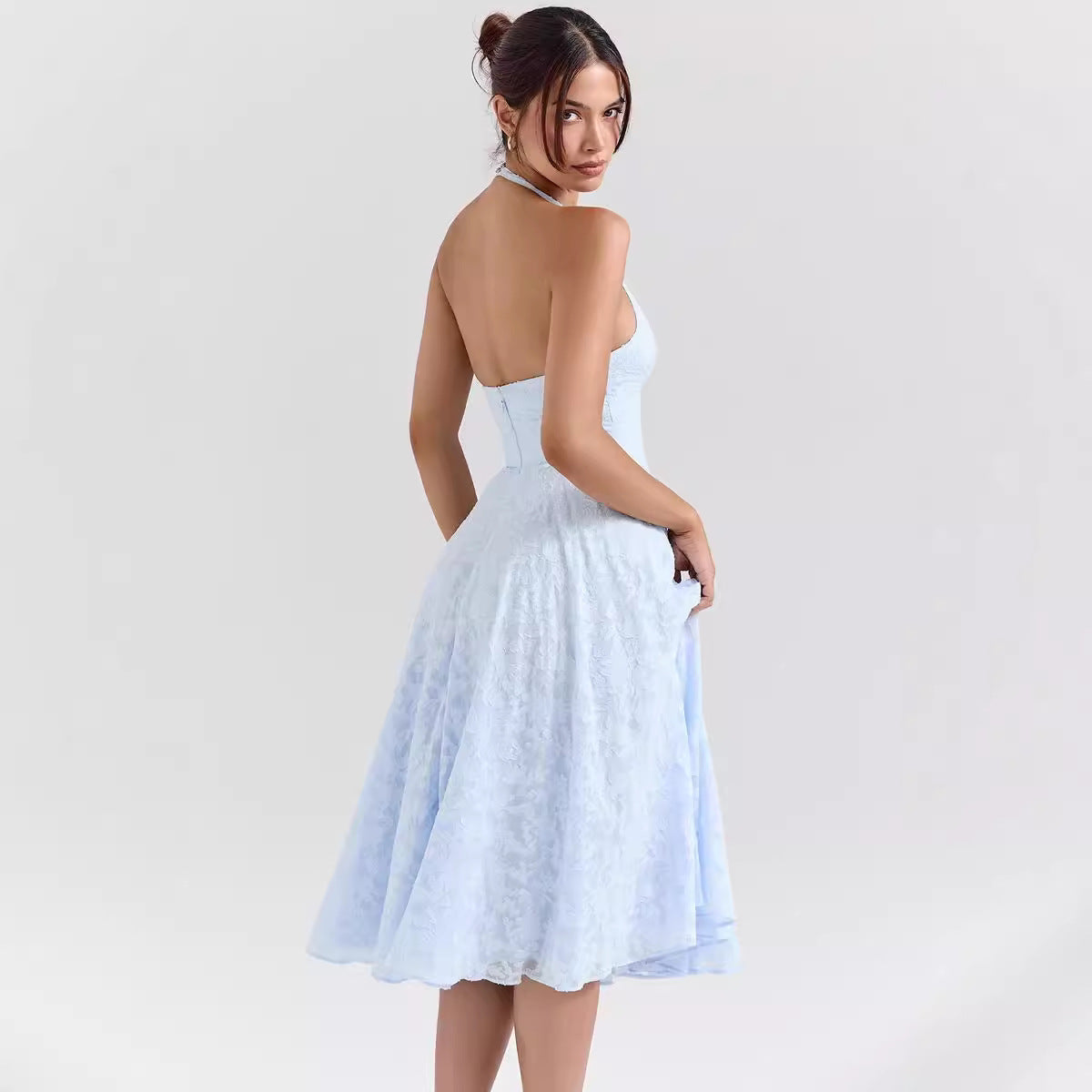 Women’s Halter Midi Dress – Slim Fit – Satin Finish – Deep V-Neck – A-Line Shape
