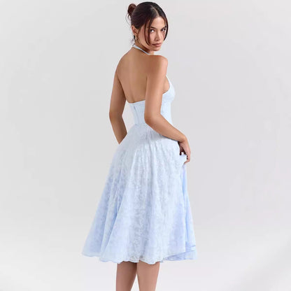 Women’s Halter Midi Dress – Slim Fit – Satin Finish – Deep V-Neck – A-Line Shape