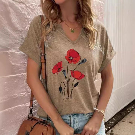 Women’s T-shirt – Relaxed Fit – V-Neck – Short Sleeve – Floral Print – Breathable Blend