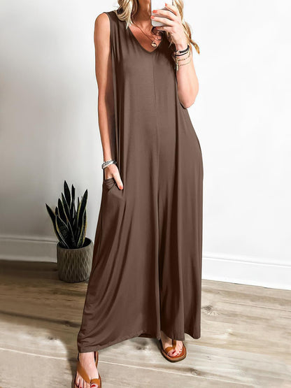 Women’s Maxi Dress – Soft Knit – Relaxed Fit – Sleeveless V-Neck with Pockets