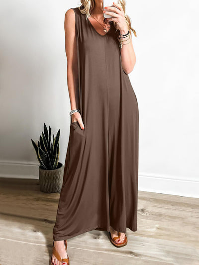 Women’s Maxi Dress – Soft Knit – Relaxed Fit – Sleeveless V-Neck with Pockets
