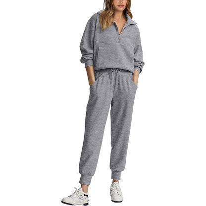 Women’s Tracksuit Set – Ribbed Fabric – Relaxed Fit – Half Zip Top – Drawstring Joggers