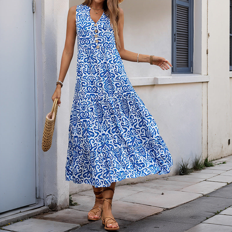 Women’s Midi Dress – Sleeveless V-Neck – Abstract Print – Tiered A-Line