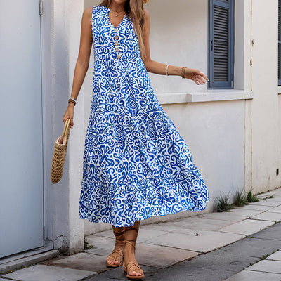 Women’s Midi Dress – Sleeveless V-Neck – Abstract Print – Tiered A-Line