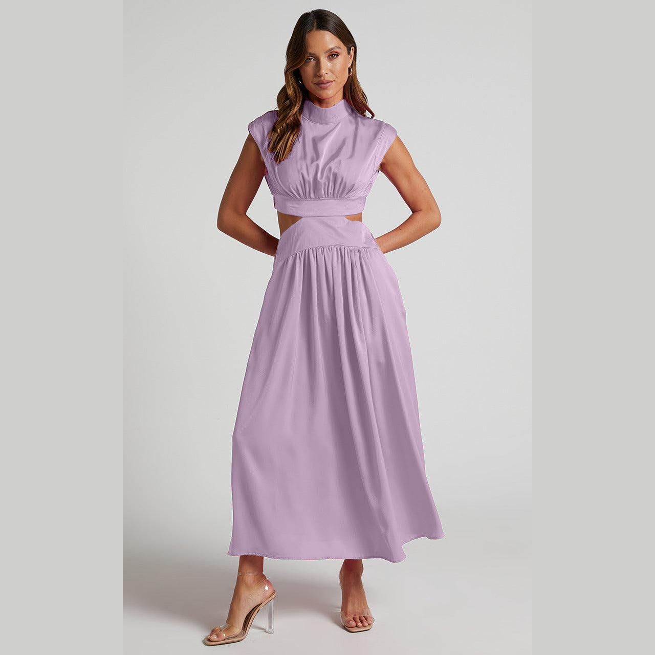 Women's Summer Stand Collar Mid Dress - Waist-Baring Design - Macaron Color