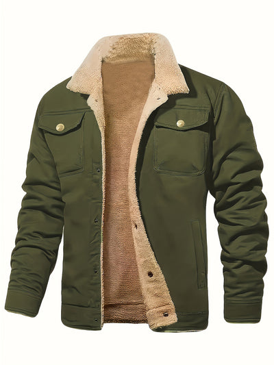 Men’s Sherpa-Lined Jacket - Button Up - Wide Collar - Warm Casual Outerwear