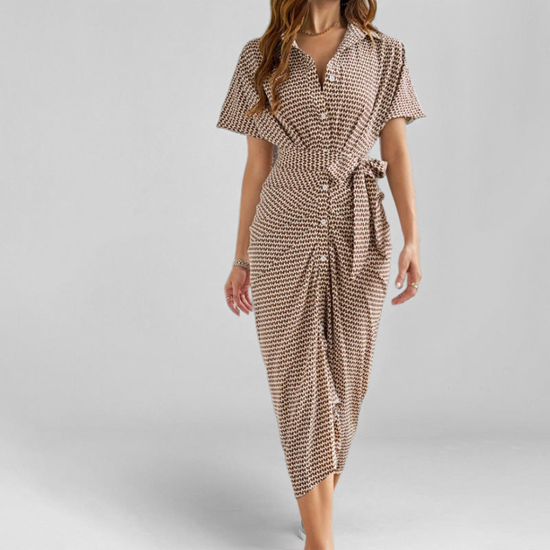 Women’s Midi Dress – Slim Fit – V-Neck – Short Sleeve – Button Front – Tie Waist