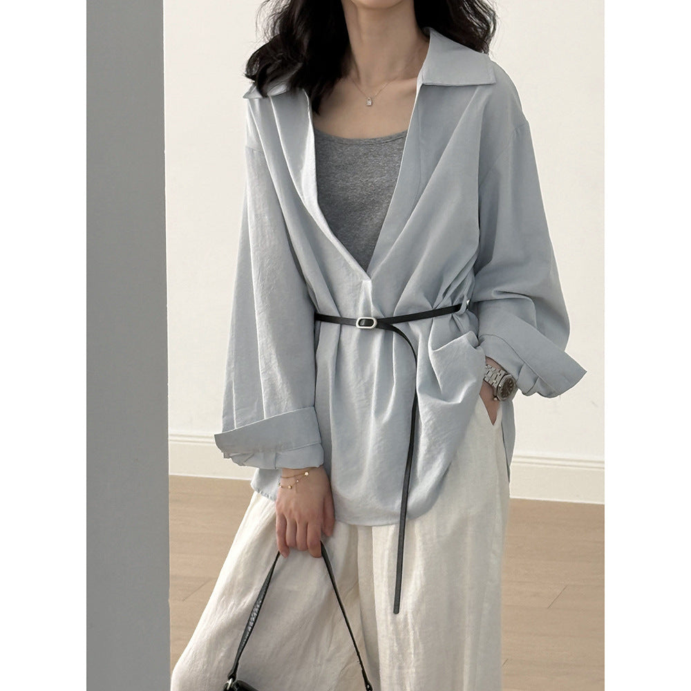 Women’s Blouse – Lightweight Cotton Blend – Relaxed Fit – Long Sleeve – Belted Waist