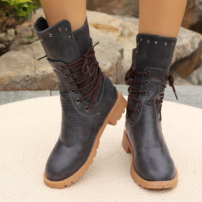 Women’s Mid-Calf Boots – Synthetic Leather – Lace-Up – Chunky Heel – Stud Detail