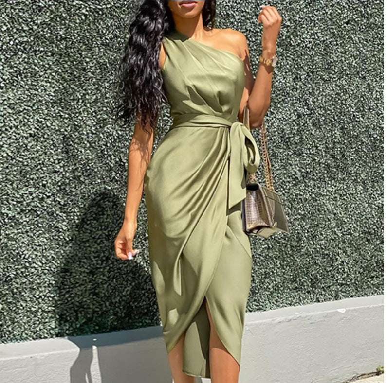 Women’s Midi Dress – Slim Fit – One Shoulder – Side Tie – Draped Elegant Silhouette