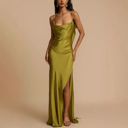 Women’s Slip Dress – Satin Finish – Cowl Neck – Spaghetti Straps – Side Slit – Full Length