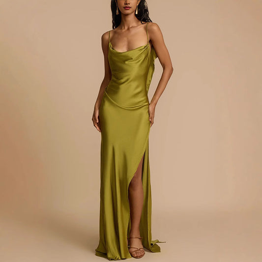 Women’s Slip Dress – Satin Finish – Cowl Neck – Spaghetti Straps – Side Slit – Full Length