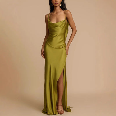 Women’s Slip Dress – Satin Finish – Cowl Neck – Spaghetti Straps – Side Slit – Full Length