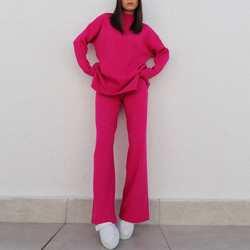 Women’s Knit Set – Ribbed Two-Piece – Relaxed Fit – Semi-High Neck – Full Length